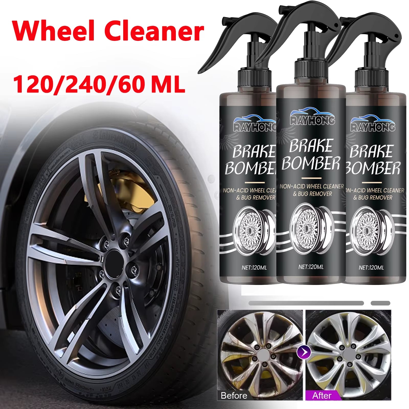 Car Wheel Cleaner Alloy Rim Cleaner Spray Remove Brake Dust Rust & Stains No Scratch Formula Polish Protect for All Wheels 120Ml