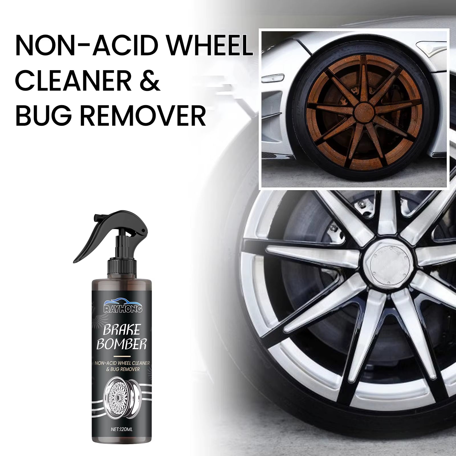 Car Wheel Cleaner Alloy Rim Cleaner Spray Remove Brake Dust Rust & Stains No Scratch Formula Polish Protect for All Wheels 120Ml